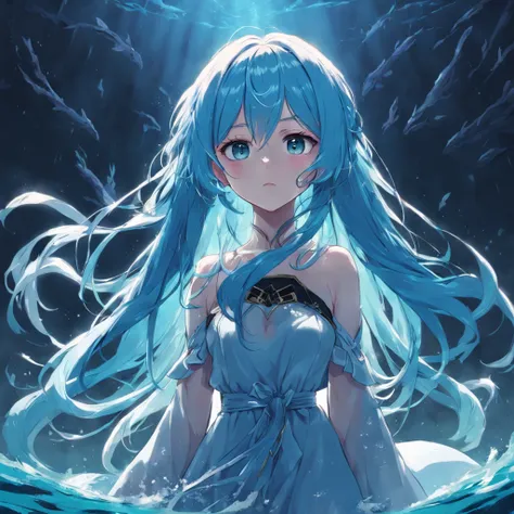 Cancer, 1girl, undersea, yearning, masterpiece, best quality, light blue hair, long hair, full body, SRGB