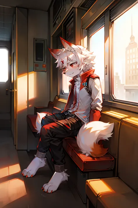 red fox，Libido boy，Light red fur，White hair，Sit on the high-speed train，Look inside from the window，夏天，child，No pants on，A white vest，Gray tactical belt，