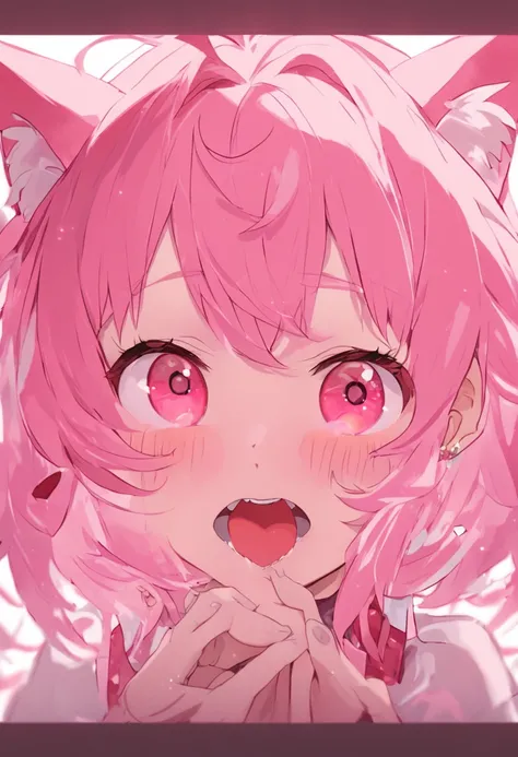 pink hair, heart-shaped pupils, heart-shaped pupils, heart-shaped pupils, pink eyes, pink eyes, pink eyes, cat ears, cat ears, cat ears, open mouth, shy, blush, bright pupils, heart in eye, heart in eye, heart in eye, fang out, full-face blush, anime style...