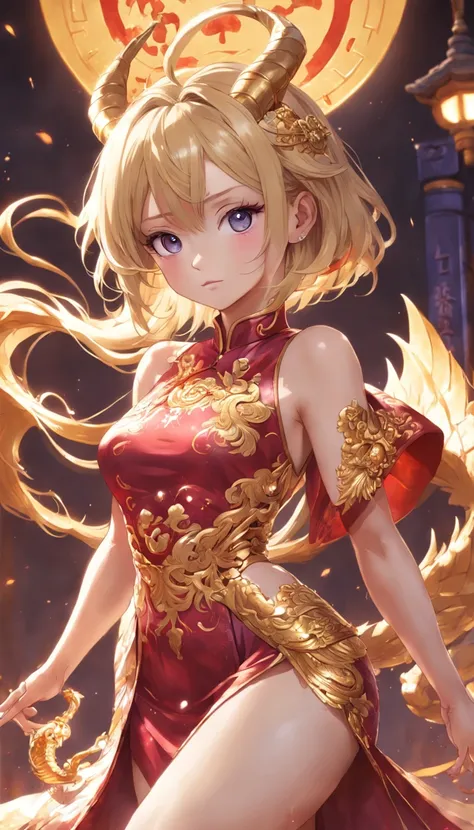 Short blonde hair, Sleeveless purple cheongsam，Deep slit, There are shiny shoulder armor on the shoulders, Gorgeous gold embroidery on the cheongsam, Shiny shiny gauntlets with bare feet，exposing thighs,, Blue left-eyed dragon emblem, Golden right eye, The...