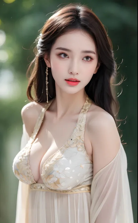 ((Best Quality, 8k, Masterpiece: 1.3)), Focus: 1.2, Perfect Body Beauty: 1.4, Buttocks: 1.2, ((Layered Haircut)), (Wet Clothes: 1.1), (Rain, Street:1.3), (Breasts: 1.2), (Hanfu: 1.2), Bare Shoulders, Bare Legs, Highly Detailed Face and Skin Texture, Fine E...