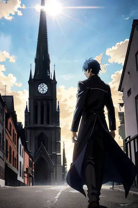 Anime characters walk in front of churches with bell towers, anime background key visual, screenshot from a 2012s anime, still from tv anime, screenshot from the anime film, Todays featured anime stills, key visual, key anime visuals, he is traversing a sh...