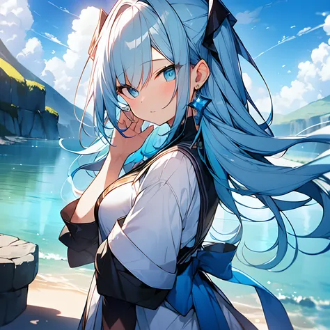 「Masterpiece CG unity 8k wallpaper、A work with attention to detail。Beautiful eye color：The right eye is deep blue、The left eye is a beautiful blue color。Gray hair with blue highlights。A petite woman carrying a large balance in the back、A beautiful sight su...