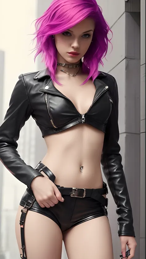 Beautiful woman, 21 year old, dyed pink hair, sexy leather clothes, long breasts, cyberpunk style, realistic detailed, portrait, bad ass, punk rock, rebel, sexy, full body shot