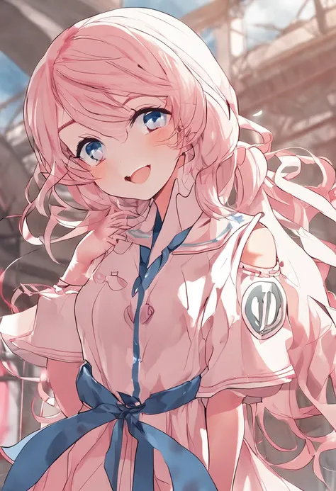 Whole body diagram，Light pink，Very smooth hair，Wearing a blue sailor suit，is smiling softly，A blush on his face，Soft eyes，It looks flat-chested，It looks light，Very cute，Gentle temperament，Its a cute girl