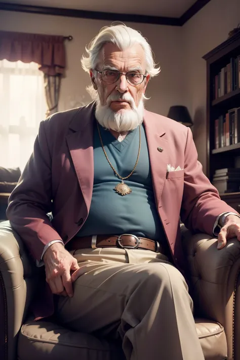 "An highly detailed image of an 80 century  old man sitting on a sofa in a room with an 80s vibe."