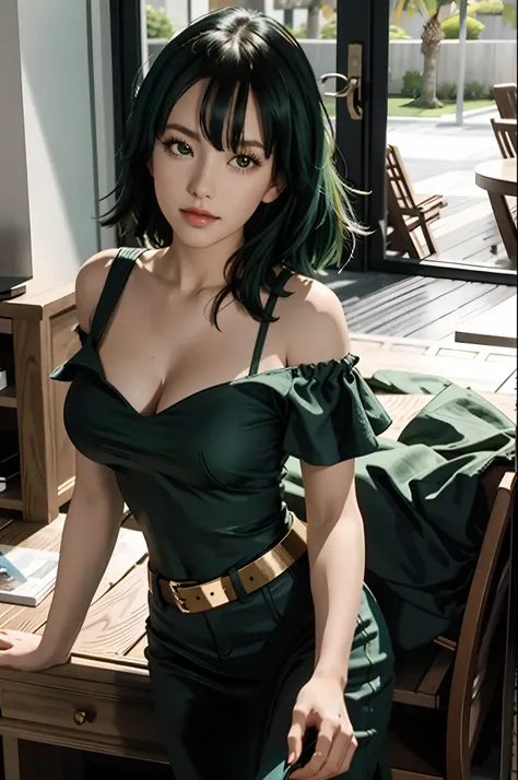 "one-girl，ssmile，Close-up，Raised sexy，is shy，masterpiece level work，Best Picture Quality，Facing the camera，cleavage，ssmile，green skirt，Raised sexy，look straight at the camera，long whitr hair，perfect bodies，beachside，Green hair，Off-the-shoulder attire，（Larg...