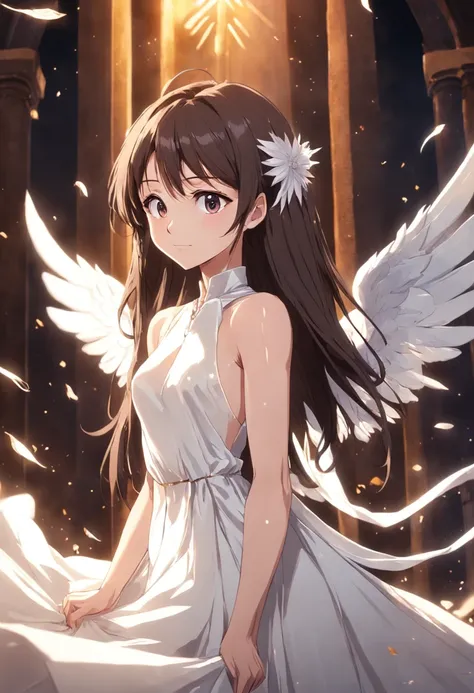 The brunette girl smiled sideways and dressed in a white wedding dress ，，Unreal white angel flashing in the background，The feathers slowly fell