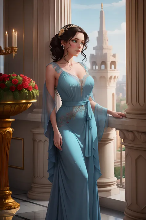 Woman in a long dress with roses, (((In aristocratic attire))), Standing on the balcony,  Gentle blush, Plump sponges, vivid green eyes,  dark hair with a gray strand in the hairstyle, delicate blue dress, rich embroidered dress, gemstones, Flowing robe, t...