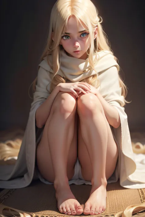 teens girl，white skinned，Golden eyes，blond hairbl，Long hair with a shawl，knee hugging，Barefoot，Need