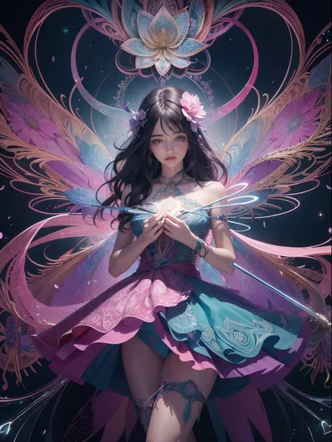 official art, unity 8k wallpaper, ultra detailed, beautiful and aesthetic, transparent colorful wings, holding a magic wand,beautiful, masterpiece, best quality, (zentangle, mandala, tangle, entangle), (ecstasy of flower:1.2) dynamic angle, cowboyshot, the...