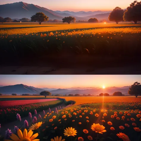 A warm sunrise or sunset picture，and a picture of flowers showing the life of nature，to enhance the readers emotional experience。