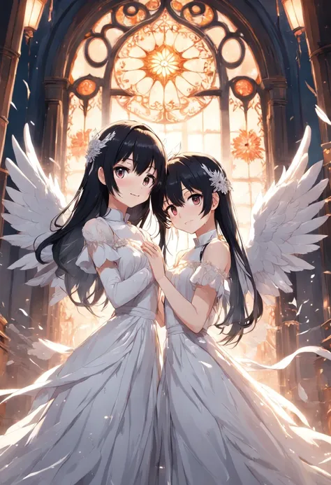 Two people, a black-haired girl smiled sideways，Wearing a white wedding dress ，，An illusory white angel twinkles in the background，The feathers slowly fell