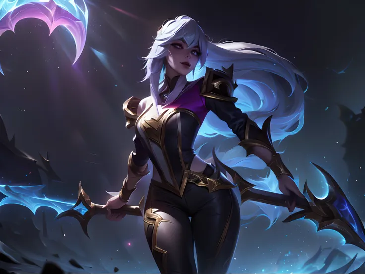 (league of legends:1.5),legendary skins,empyrean lux skin, 1girl, solo, long hair, bangs, blonde hair, ponytail, weapon, white h...