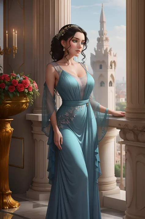 Woman in a long dress with lilies, (((In aristocratic attire))), Standing on the balcony,  Gentle blush, Plump sponges, vivid green eyes,  dark hair with a gray strand in the hairstyle, delicate blue dress, rich embroidered emerald dress, gemstones, Luxuri...