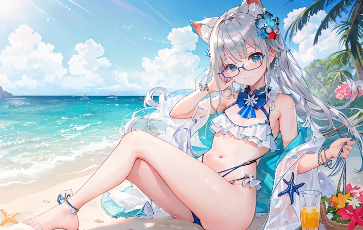 NSFW, (8K, Raw photography, top-quality, ​masterpiece:1.2), (realisitic, Photorealsitic:1.37), ultra-detailliert, 1 rapariga, 独奏, cute little, Beautiful detailed sea、Separate swimwear、Silver-rimmed glasses、独奏