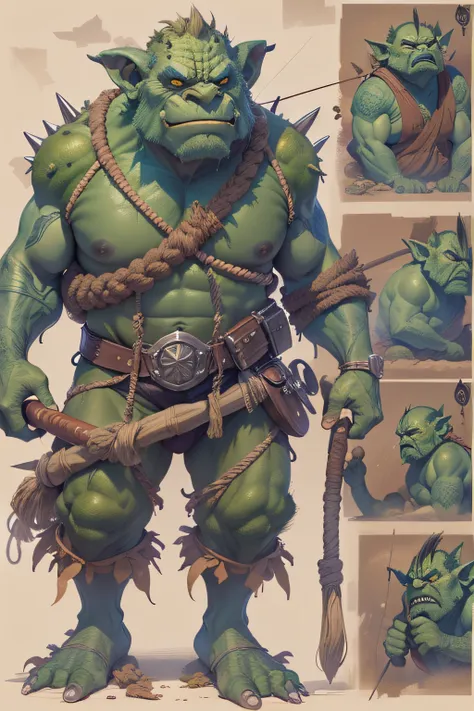 blueprint  A grumpy old troll threatens people on a bridge with his spiked club.

Items and gear listed on the side:  
- Warty green skin
- Spiked club
- Loin cloth
- Rope belt