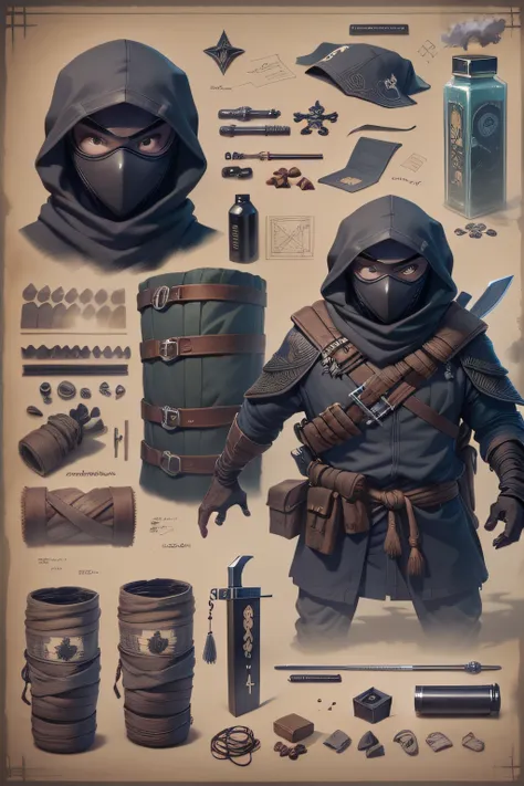 blueprint a sneaky ninja hides in the shadows ready to ambush enemies. 

items and gear listed on the side:
- black mask and gar...