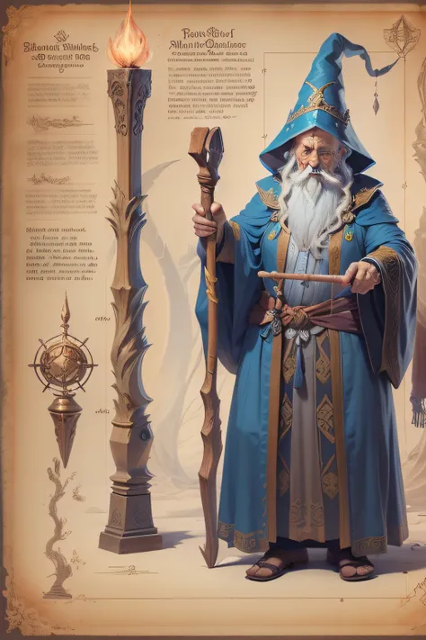 blueprint a wise old wizard conjures a glowing spell with his wooden staff.

items and gear listed on the side:
- long grey bear...