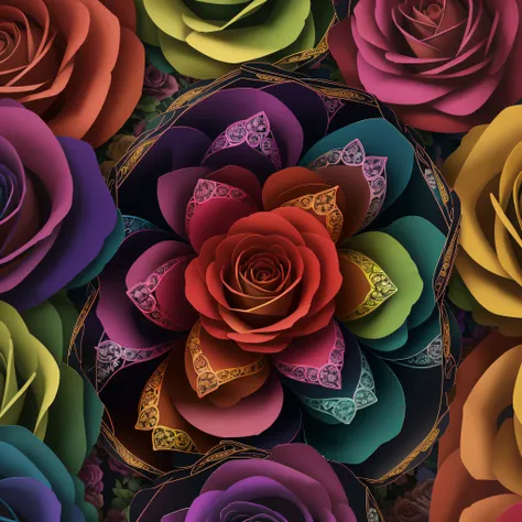 "Frame with vibrant multicolored roses observed through a kaleidoscope vision, with ever-changing patterns and colors – masterpiece in ultra-definition, of high resolution and unparalleled quality." --auto --s2