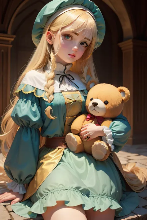 In the Middle Ages, The blonde loli with turquoise eyes holds the bear doll in the golden castle