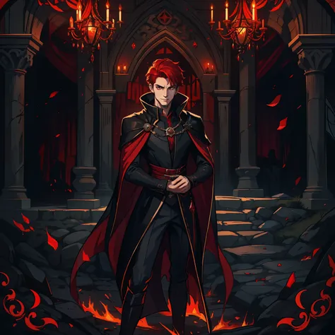 A handsome young man with short red hair and red eyes like a prince in a dark castle of black rocks dark colors he is wearing clothes of a dark and elegant prince as an attractive villain with a seductive smile and a sexy seductive look is the villain of a...