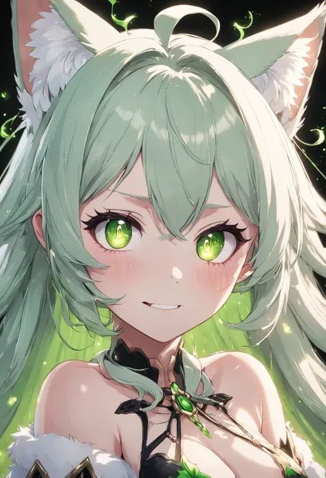 white hair, flower on head, Green eyes, sparkling eyes, cat ears, evil smile, anime style, UHD, retina, ccurate, masterpiece, anatomically correct, textured skin, super detail, high details, award winning, high quality, highres, best quality, 16k