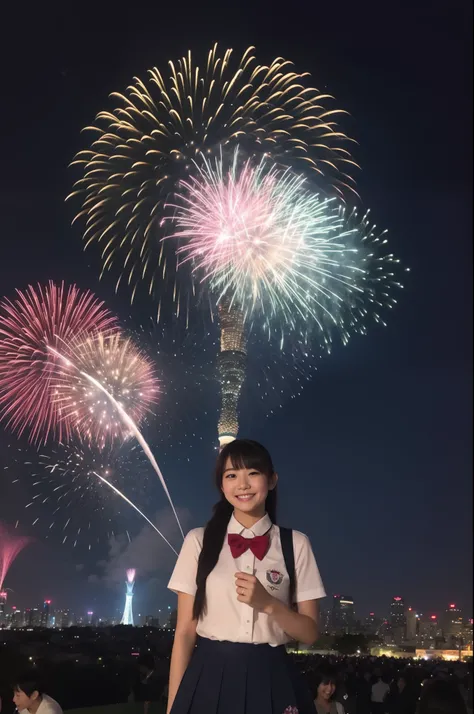 A smile、hi-school girl、校服、While doing fireworks、mare、Tokyo Skytree、cherry trees、a moon、stele、Aurora