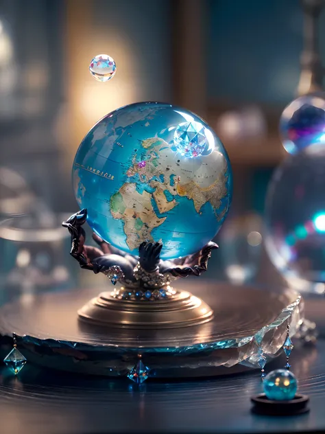 Hyper-realistic、16K High Resolution、(Maximum Sharp Focus:1.3)、(Maximum Close-up:1.5)、(Single crystal ball with pedestal on table:1.5)、(Large bokeh background、blue back light:1.3) 、(Only one crystal glove、hight clarity、world map :1.5)