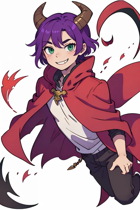 Boy with purple hair、short-hair、Green eyes、Devils horns and tail、((Deformed))、A smile、red cloak、Composition that reflects the whole body、White background