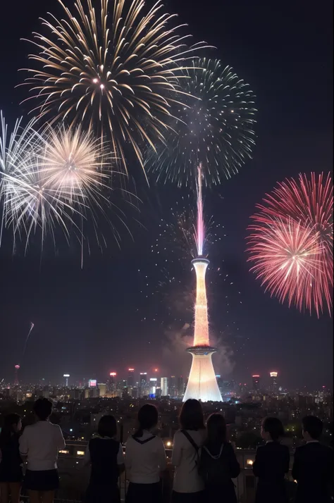 A smile、hi-school girl、校服、While doing fireworks、mare、Tokyo Skytree、cherry trees、a moon、stele、Aurora