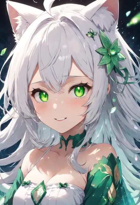 White hair, flowers in head, Green eyes, Sparkling eyes, Cat ears, smile, Anime style, hyper HD, retinas, ccurate, Masterpiece, Anatomically correct, Textured skin, Super detail, High details, Award-Awarded, High quality, A high resolution, Best quality, 1...