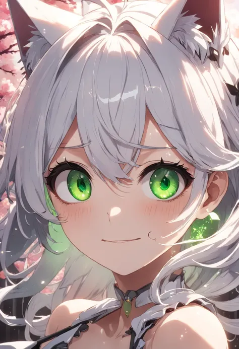 White hair, flowers in head, Green eyes, Sparkling eyes, Cat ears, smile, Anime style, hyper HD, retinas, ccurate, Masterpiece, Anatomically correct, Textured skin, Super detail, High details, Award-Awarded, High quality, A high resolution, Best quality, 1...