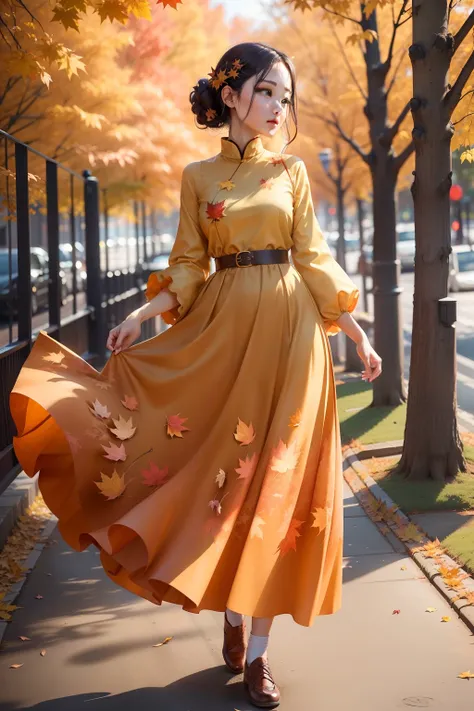 She wears a long autumn-colored dress，The colors are intertwined like maple leaves，It added a warm atmosphere to her。The skirt swayed gently with her steps，It was as if autumn leaves were dancing in the wind。