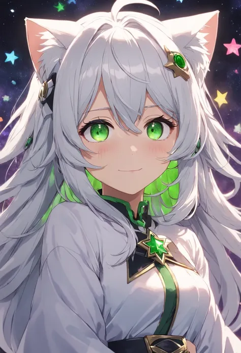 White hair, flowers in head, Green eyes, Star Eyes, Cat ears, smile, Anime style, hyper HD, retinas, ccurate, Masterpiece, Anatomically correct, Textured skin, Super detail, High details, Award-Awarded, High quality, A high resolution, Best quality, 16k