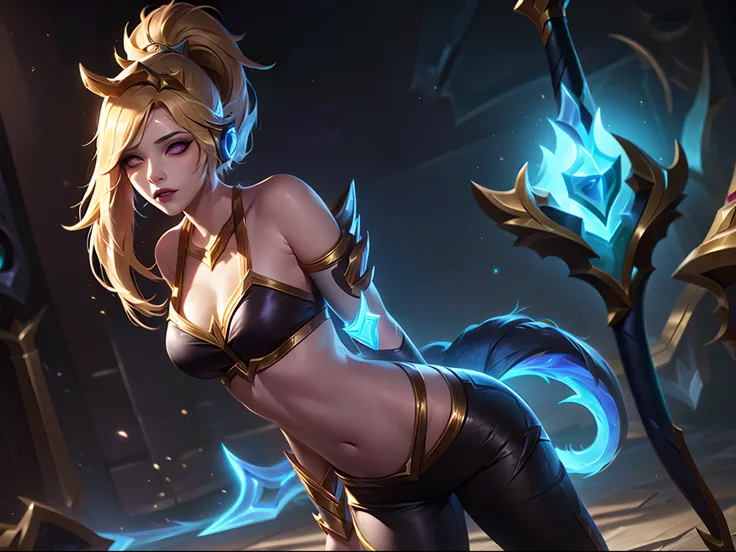 (League of Legends:1.5),Legendary skins,empyrean lux skin, 1girl, solo, long hair, bangs, blonde hair, ponytail, weapon, white hair, pants, official alternate costume, mask, glowing, black pants