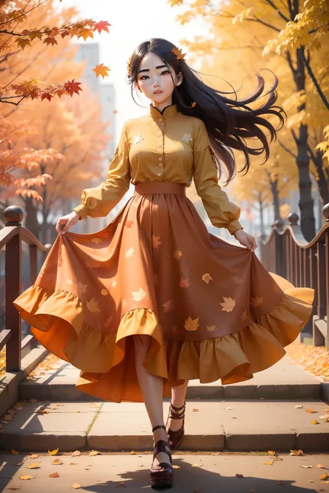 She wears a long autumn-colored dress，The colors are intertwined like maple leaves，It added a warm atmosphere to her。The skirt swayed gently with her steps，It was as if autumn leaves were dancing in the wind。