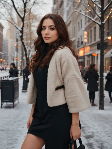 __hair color__, Latina woman, long hair, New York City background, winter, professional, 4K, HD, UHD, 8K, high detail, ultra definition