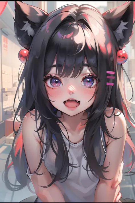 black hair, hair bobbles, wince, longeyelashes, solid circle eyes, fake animal ears, light smile, ear blush, fang, Surrealism, drop shadow, anaglyph, stereogram, tachi-e, pov, atmospheric perspective, 8k, super detail, ccurate, best quality