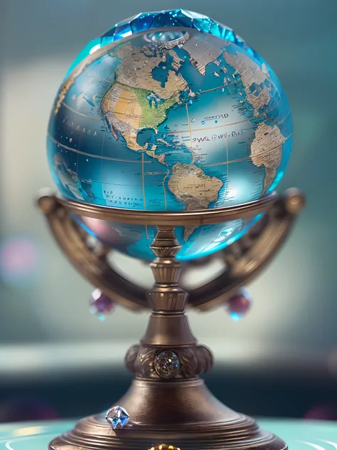 Hyper-realistic、16K High Resolution、(Maximum Sharp Focus:1.3)、(Maximum Close-up:1.5)、(Single crystal ball with pedestal on table:1.5)、(Large bokeh background、blue back light:1.3) 、(only one Crystal Globe、world map :1.5)