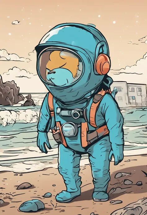 cartoonish style，A blue cat wearing a radiation protection suit leaks only two ears，Stand on a polluted beach，expression sad