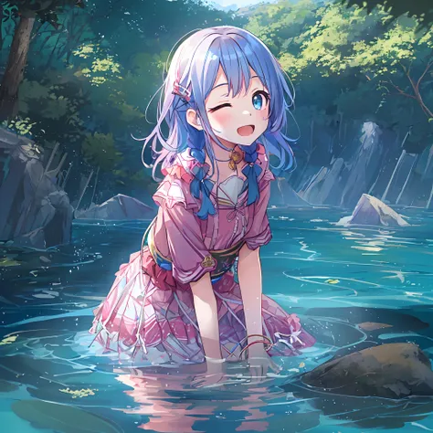 absurderes, hight resolution, (Anime style:1.1), ((masutepiece)), ((Best Quality)), (Ultra-detailed), (Beautiful), 独奏, Beautiful face、(liftup),12year old、Cute little girl standing kneeling in the water of a beautiful lake deep in the forest,Wind,Pink color...