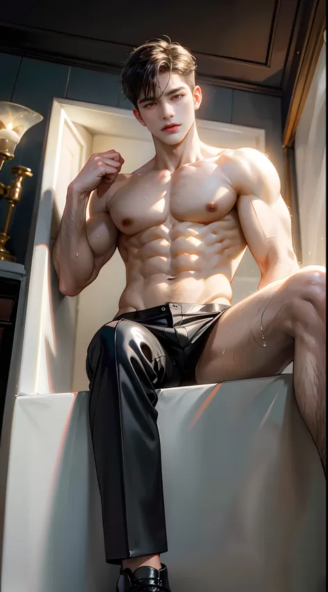 (absurderes, A high resolution, Ultra detailed, hdr), Masterpiece, Best quality, Portrait of a boy, Handsome boy with red eyes, Detailed face, Professional photo, The Alafed man is shirtless, Lie comfortably in the bathtub，janelas，legs are open, (puffynipp...