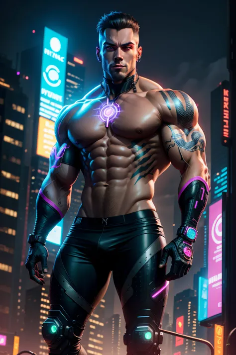 Muscular man, cyberpunk, bionic eye, nywork city background all neon