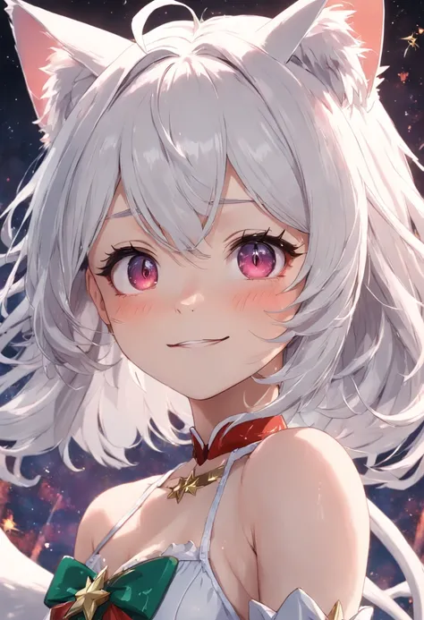 White hair, flowers in head, Green eyes, Star pupils, Cat ears, smile, Anime style, hyper HD, retinas, ccurate, Masterpiece, Anatomically correct, Textured skin, Super detail, High details, Award-Awarded, High quality, A high resolution, Best quality, 16k