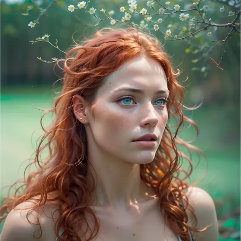 natural redhead woman, 50mm, cinematic, kodak portra 400, photograph by Martin Schoeller, Natural Light, bioluminescent elements, magical elements, hyper detailed, dynamic lights