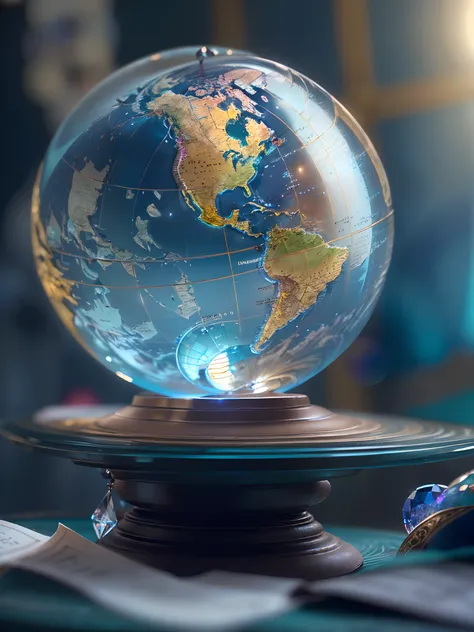 Hyper-realistic、16K High Resolution、(Maximum Sharp Focus:1.3)、(Maximum Close-up:1.5)、(Single crystal ball with pedestal on table:1.5)、(Large bokeh background、blue back light:1.3) 、(only one Crystal Globe、world map :1.5)