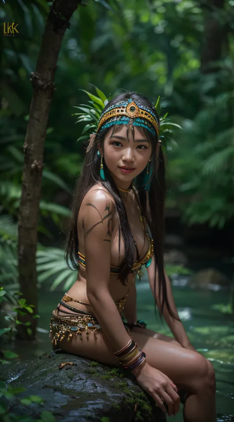 1 teen borneo tribal girl, wearing tribal head dress and accessories, sitting naked on the rock in the river, tribal tatoo, minimal dress, 1 leg up on rock, leg open wide to show  vaginal and breast, hyper realistic, lifelike texture, dramatic lighting, Ni...