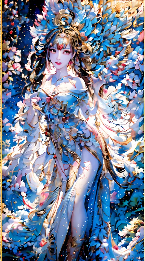 Draw one wearing a blue dress，Woman with flowers on her head, Anime goddess, ((a beautiful fantasy empress)), Beautiful anime artwork, a beautiful fantasy empress, full-body xianxia, Beautiful anime art, spring goddess, celestial goddess, Official anime ar...