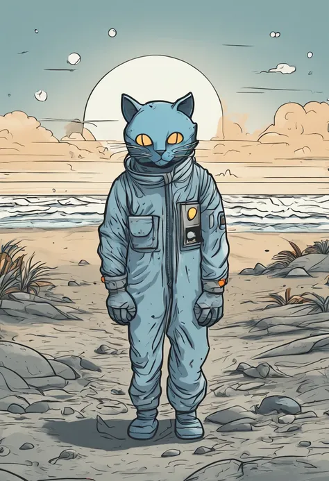 cartoonish style，A blue cat wrapped in a thick gray radiation protection suit，Only two ears and a tail leak out of the whole body，The rest are wrapped in protective clothing，There are radiation signs on the clothes，Stand on a polluted beach，expression sad